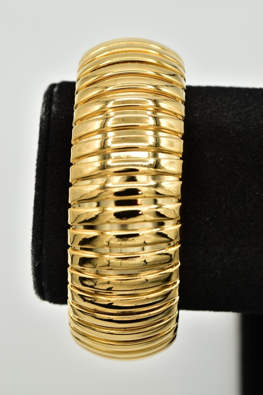 Vintage NOS Gold Tone Ribbed Chunky Bangle Bracelet Wide Domed Statement 1980s